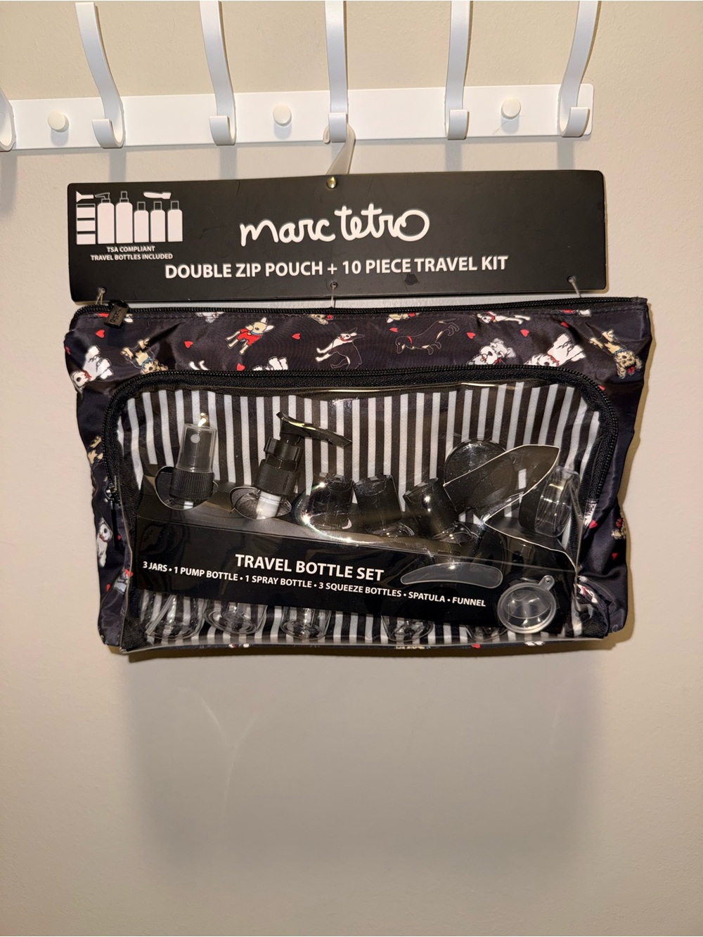 Black, White, Red & Dog Print Travel Bottle Set & Double Zip Pouch